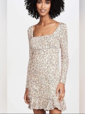 Free People Long Sleeve Floral Scoop Dress - Beige & Blue